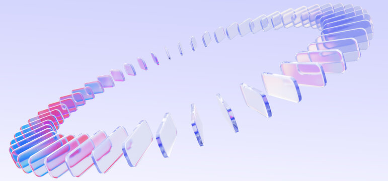 Hologram 3d circle of glass geometric rectangle plate shapes. Abstract holographic transparent ring, dynamic circular motion effect with red blue gradient on pastel purple background. 3D illustration
