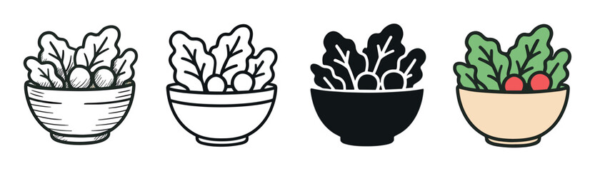 Salad bowl icon set with four different styles including hand-drawn sketch, line art, solid glyph, and colorful cartoon versions for healthy food concepts