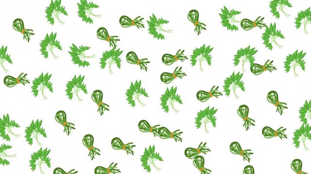 Repeating pattern of green leafy vegetables on white background ideal for food packaging, menu designs, kitchen decor, and healthy living content.