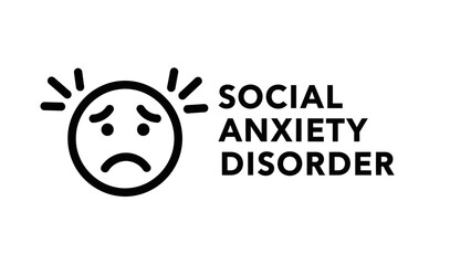Social Anxiety Disorder icon. A black-and-white line illustration of an anxious, nervous, or sad face emoji surrounded by stress symbols.