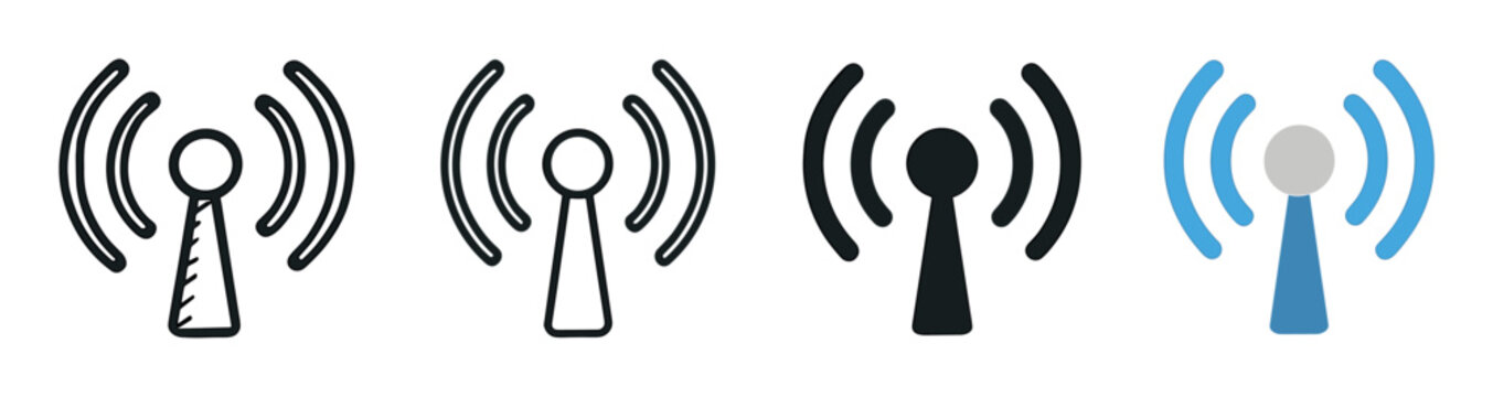 Collection of four radio antenna icons for broadcasting and connectivity, shown in multiple graphic design variations such as sketch, outline, solid, and color