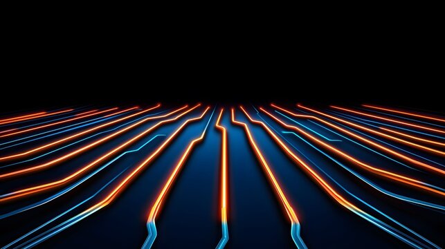 The image features a set of parallel lines, alternating in neon orange and blue, appearing to recede into a dark background, resembling a futuristic circuit board or glowing paths.