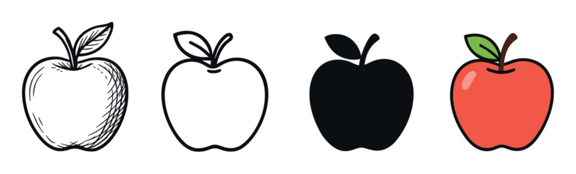 Set of four apple fruit icons showing different artistic styles including a hand-drawn sketch, a simple outline, a black silhouette, and a red flat color cartoon illustration