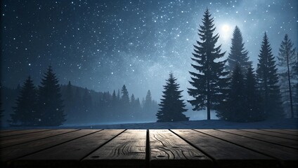 Moonlit starry night over a serene winter landscape with a dense pine forest and fresh snow a dark wooden table in front