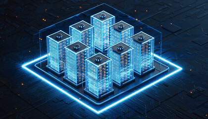 Cyber Citadel: A futuristic visualization of a secure data center, glowing with digital energy and intricate detail, showcasing the infrastructure of the digital age.