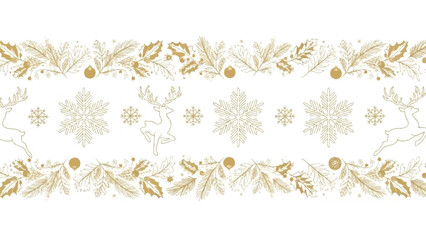 Elegant Christmas Seamless Border with Snowflakes and Reindeer, Golden Festive Pattern