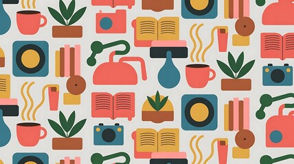 Modern lifestyle wallpaper with books, plants, coffee, and cameras for a trendy, colorful, and inspiring backdrop in your creative projects