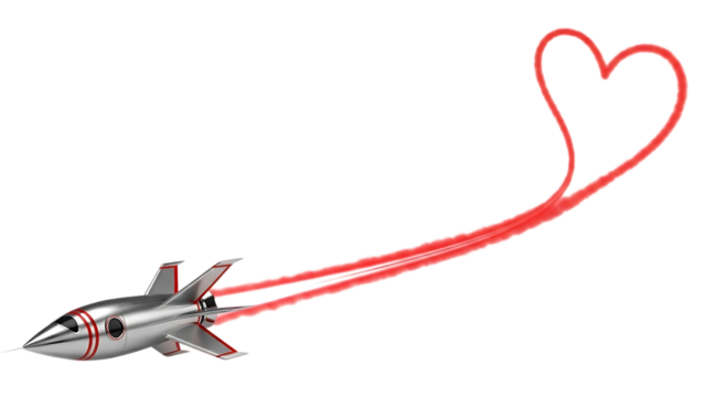 Silver rocket with heart shaped trail isolated on transparent background - Powered by Adobe