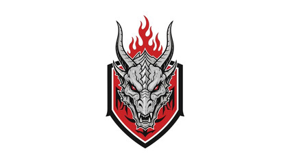 Fierce Dragon Head with Horns and Flames on a Shield Emblem.