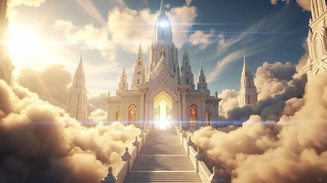 A majestic white castle or temple-like structure in the clouds with a radiant light.