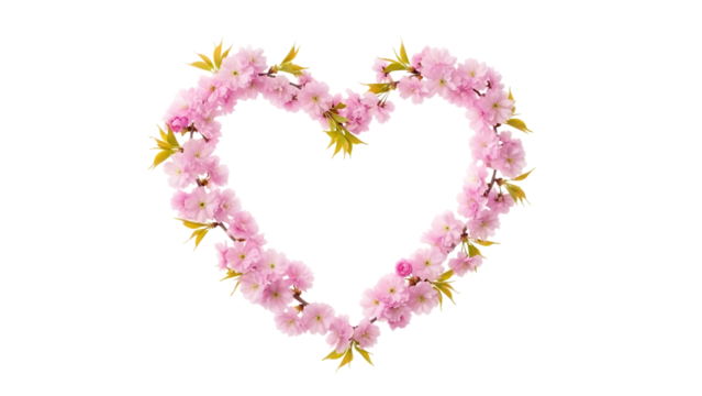 Pink cherry blossom heart shape floral arrangement isolated on transparent background