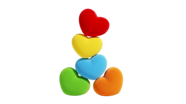 Stack of colorful heart shaped objects isolated on transparent background