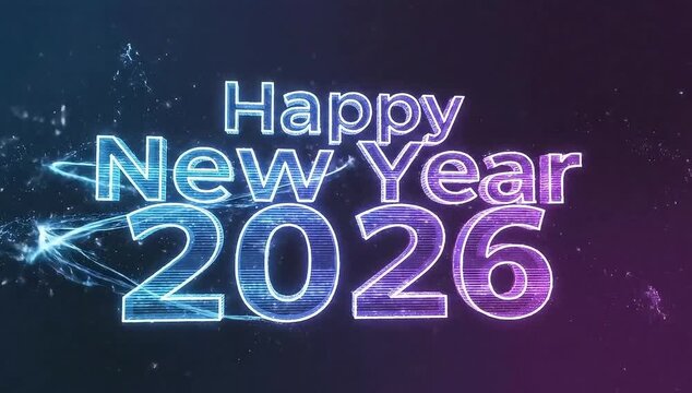 Bright neon "Happy New Year 2026" glowing against a dark, starry background with abstract light effects.