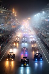 Fototapeta premium Night grid lineup of glowing Formula One cars preparing for race start in heavy fog. Concept of anticipation, competition and emotional tension for editorial and motorsport promos.