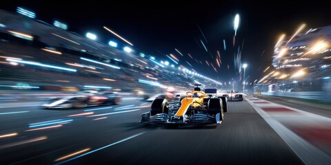 Fototapeta premium High-speed night race with orange Formula 1 car driving through neon streaks. Concept of futuristic motion, energy and emotional thrill for ads, wallpapers, branding.