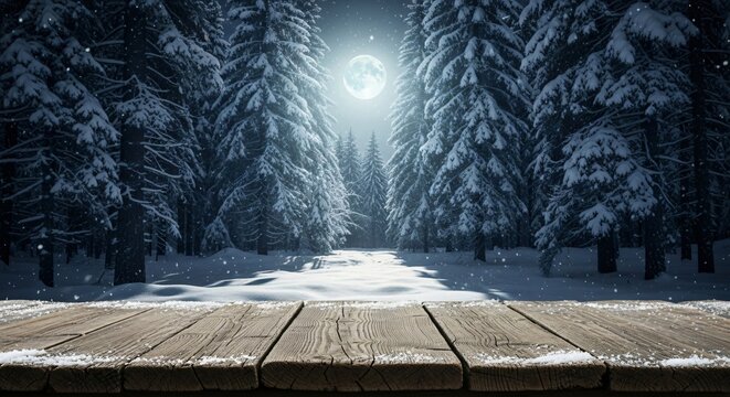 Snow covered wooden table foreground A moonlit winter forest with snow laden trees and falling snowflakes at night - Powered by Adobe