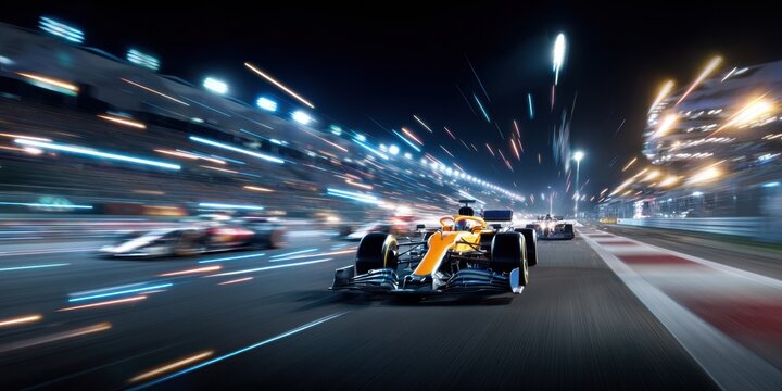 High-speed night race with orange Formula 1 car driving through neon streaks. Concept of futuristic motion, energy and emotional thrill for ads, wallpapers, branding.
