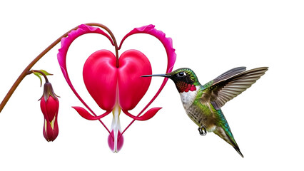 Fototapeta premium Ruby throated hummingbird feeding on bleeding heart flower isolated on transparent background