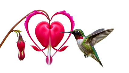 Ruby throated hummingbird feeding on bleeding heart flower isolated on transparent background