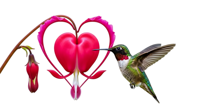 Ruby throated hummingbird feeding on bleeding heart flower isolated on transparent background