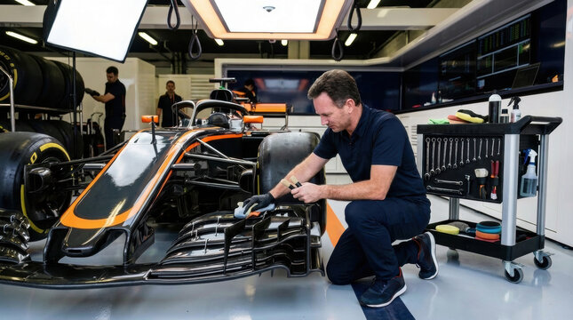 Mechanic cleaning front wing of Formula One car inside bright garage. Concept of preparation, precision and emotional dedication for technical content, ads and maintenance visuals.