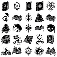 Occult symbols in black and white illustration style with mystical and mysterious elements for esoteric design isolated on transparent background