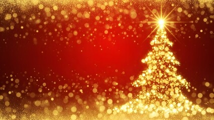 Golden Christmas tree with sparkling lights on a red background