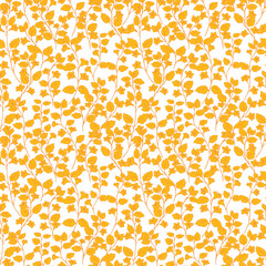 Elegant seamless vector pattern with yellow forest flowers and leaves on white background. Nature ornament for fabric, print, wallpaper, packaging, stationery, and botanical themed surface designs