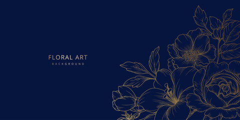Fototapeta premium Luxury floral blue background with gold hand drawn flowers in line art style. Vector illustration for card, wall poster, business card, flyer, banner, wedding invitation, print, cover
