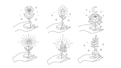 Fototapeta premium Set of Magic Hand and Bohemian Flower Vector Line Art Illustrations, Mystical and Celestial Collection