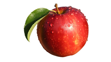 Fresh red apple with water droplets and a green leaf against a black backdrop