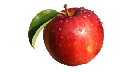Fresh red apple with water droplets and a green leaf against a black backdrop