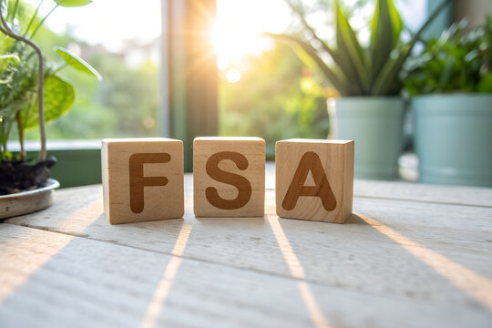 Wooden blocks spelling &ldquo;FSA&rdquo; on light surface with potted plants and sunlight, evoking warmth, clarity, and natural ambiance in a calm indoor setting. generative ai