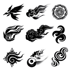Fototapeta premium Set of 9 black swirling smoke and fire icons isolated on Transparent Background