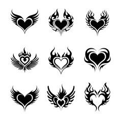 Naklejka premium Set of 9 black winged heart and flame tattoo icons isolated on Transparent Background