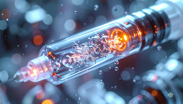 Injection of Innovation: A close-up view of a high-tech syringe, pulsating with futuristic energy, symbolizes cutting-edge medical advancements.