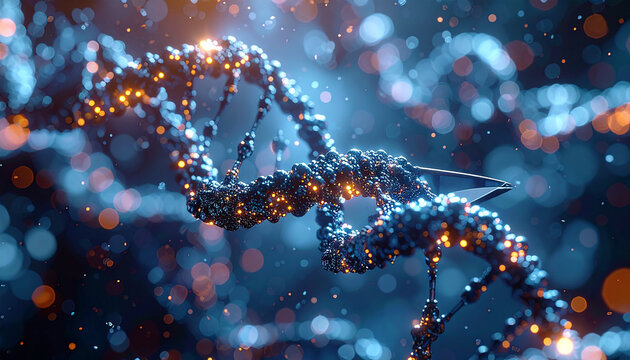 DNA Helix: A macro perspective unveils the intricate beauty of a DNA helix, a symbol of life's blueprint, highlighted by glowing particles against a blurred, dark backdrop.