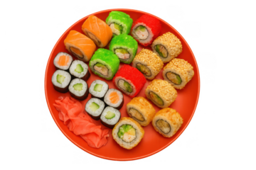 Variety sushi rolls platter including maki, uramaki, and sashimi on a red plate, with ginger, transparent background