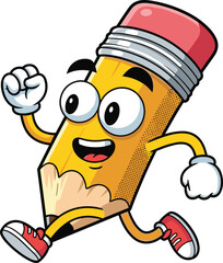 Running Happy Cartoon Pencil Mascot Character Wearing Red Sneakers, A Fun Educational Illustration Symbolizing Speed, Learning, Creativity, Writing, Drawing, School, Office Supplies, and Success