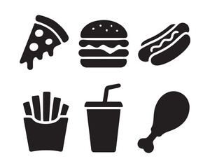 pizza slice triangle, stacked & layered burger, classic hotdog bun, , popcorn bucket, soft drink cup, and nacho chips, french fry box, a soda cup with straw, and a chicken drumstick, taco shell, an ic