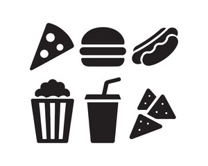 pizza slice triangle, stacked & layered burger, classic hotdog bun, , popcorn bucket, soft drink cup, and nacho chips, french fry box, a soda cup with straw, and a chicken drumstick, taco shell, an ic