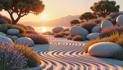 Zen garden scene with raked sand and plants at sunset. Round stones accent zen garden, with serene atmosphere at sundown. Use scene zen garden imagery to evoke a sense of peace,