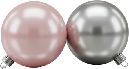 Close-up of pink and silver Christmas ornaments isolated on transparent background