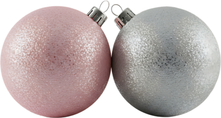 Two Christmas ornaments in pink and silver isolated on transparent background