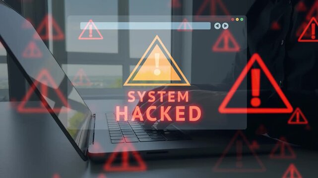 System warning alert signals critical security issue. Scene reflects strong cybersecurity protection.Suspicious activity shows possible breach. Monitoring tools detect threats in real time.	