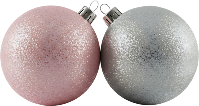 Two Christmas ornaments in pink and silver isolated on transparent background