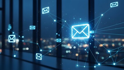 Digital communication network with glowing email icons in cityscape