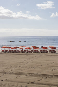 View of a sun-kissed beach where rows of vibrant orange beach chairs and umbrellas meet the tranquil blue of the sea, Gran Canaria, Canary Islands, Spain.