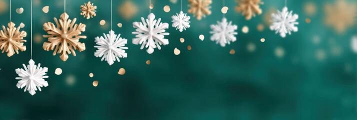 Snowflake ornament hanging on green background with festive christmas sparkle