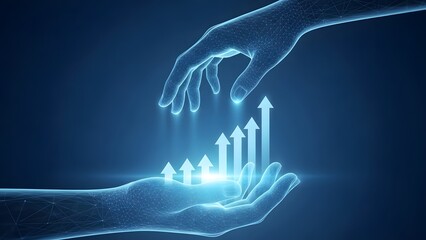 Digital hands guiding growth arrows in a technological space